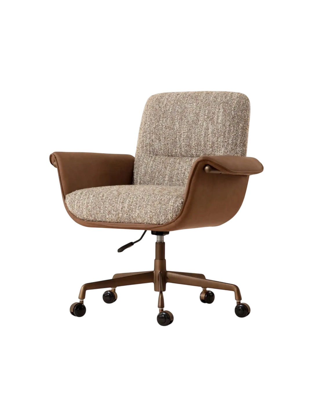 Maison Olive Chaise de bureau Lomaxx en tissu texturé greige et cuir synthétique cognac, base bronze rustique.