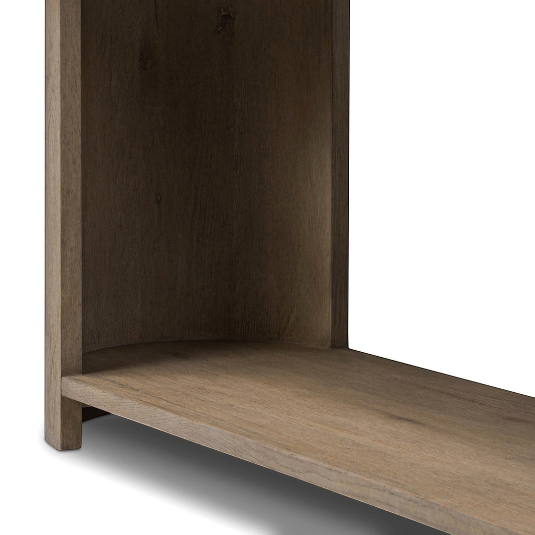 Console en bois de chêne clair Maison Olive avec étagère ouverte et tiroir de rangement, style bohème chic.