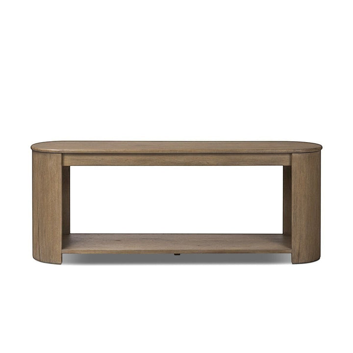 Console en bois de chêne clair Maison Olive avec étagère ouverte et tiroir de rangement, style bohème chic.