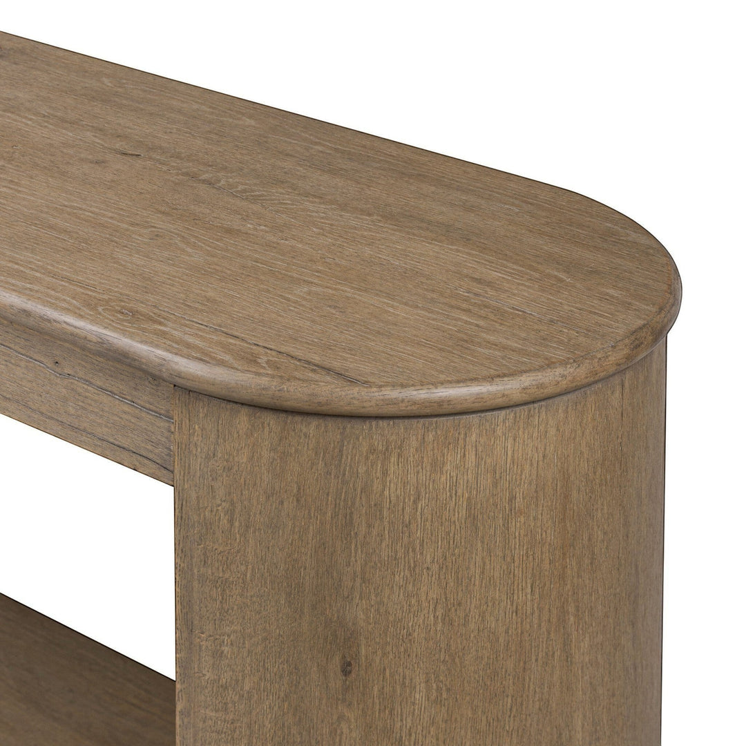 Console en bois de chêne clair Maison Olive avec étagère ouverte et tiroir de rangement. Style bohème chic.