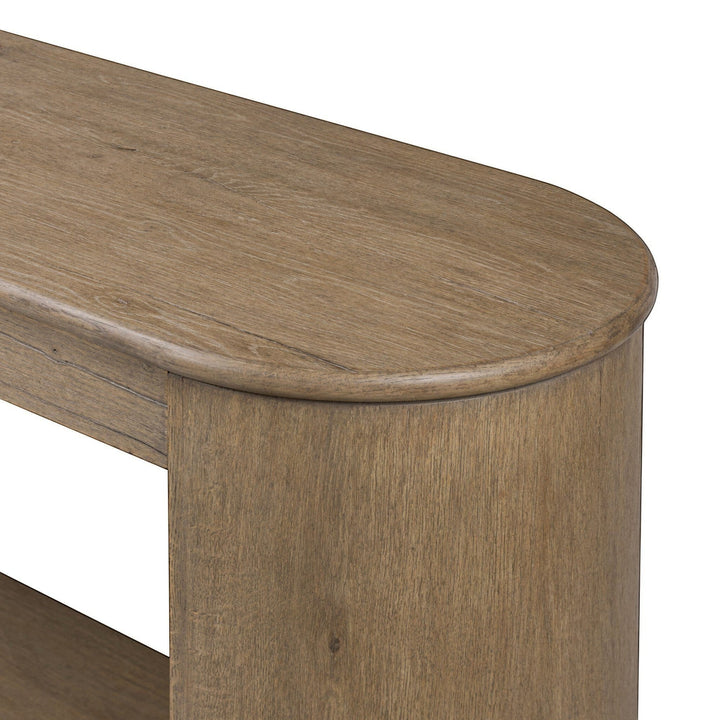 Console en bois de chêne clair Maison Olive avec étagère ouverte et tiroir de rangement. Style bohème chic.