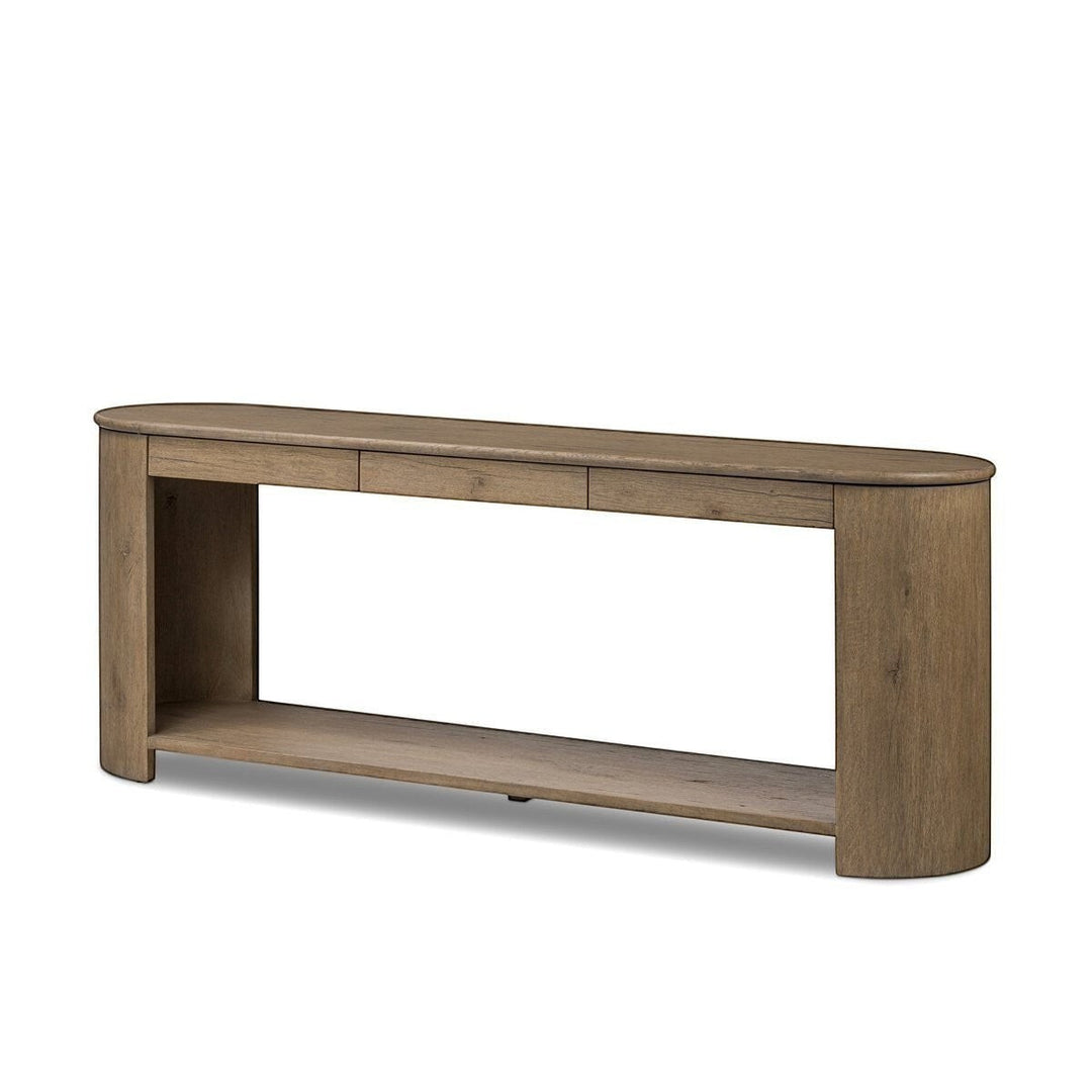 Console en bois de chêne clair Maison Olive avec étagère ouverte et tiroirs de rangement, style bohème chic.