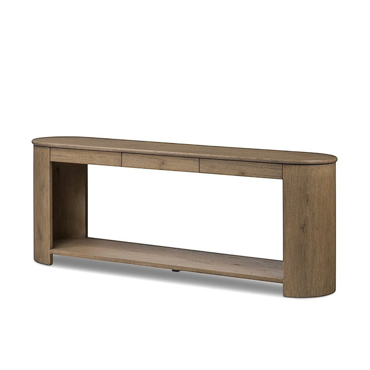 Console en bois de chêne clair Maison Olive avec étagère ouverte et tiroirs de rangement, style bohème chic.