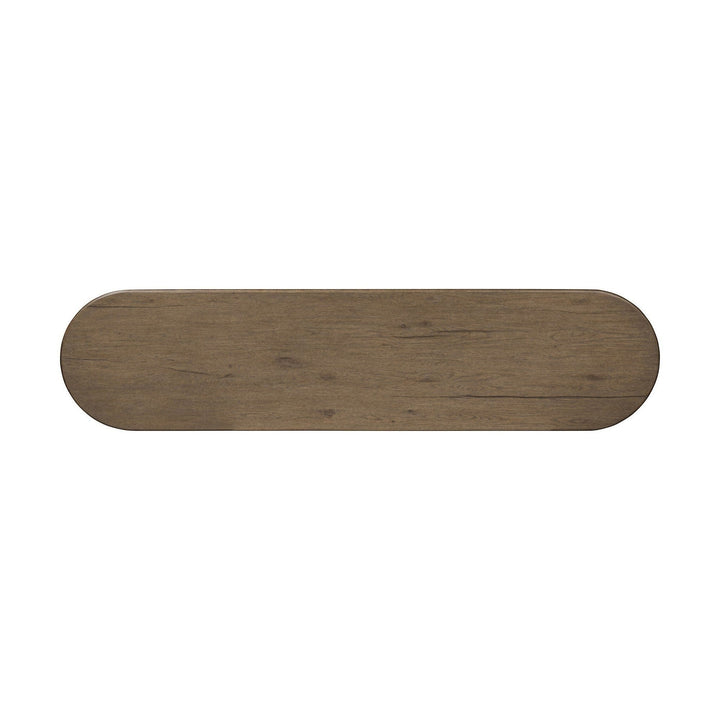 Console en bois de chêne clair Maison Olive avec plateau arrondi, tiroir et étagère ouverte. Style bohème chic.