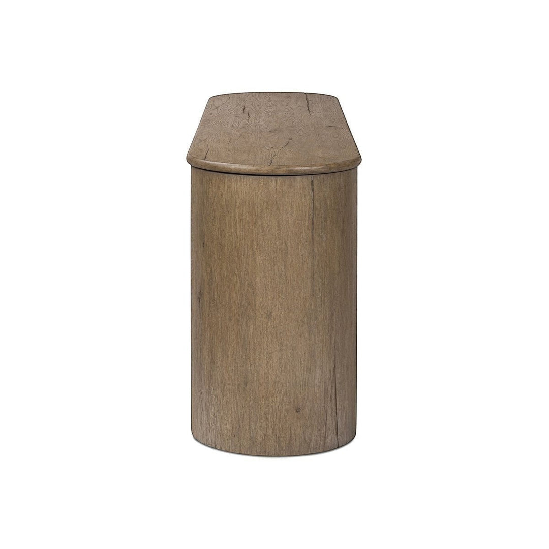 Maison Olive table console en bois de chêne clair avec tiroir et étagère ouverte, style bohème chic.