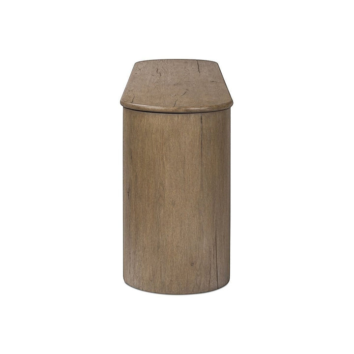 Maison Olive table console en bois de chêne clair avec tiroir et étagère ouverte, style bohème chic.