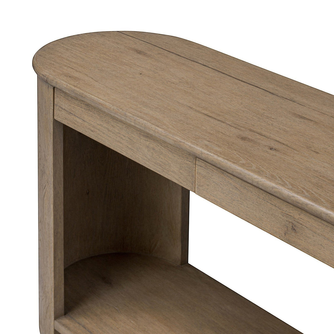 Console en bois de chêne clair Maison Olive avec étagère ouverte et tiroir de rangement. Style bohème chic.