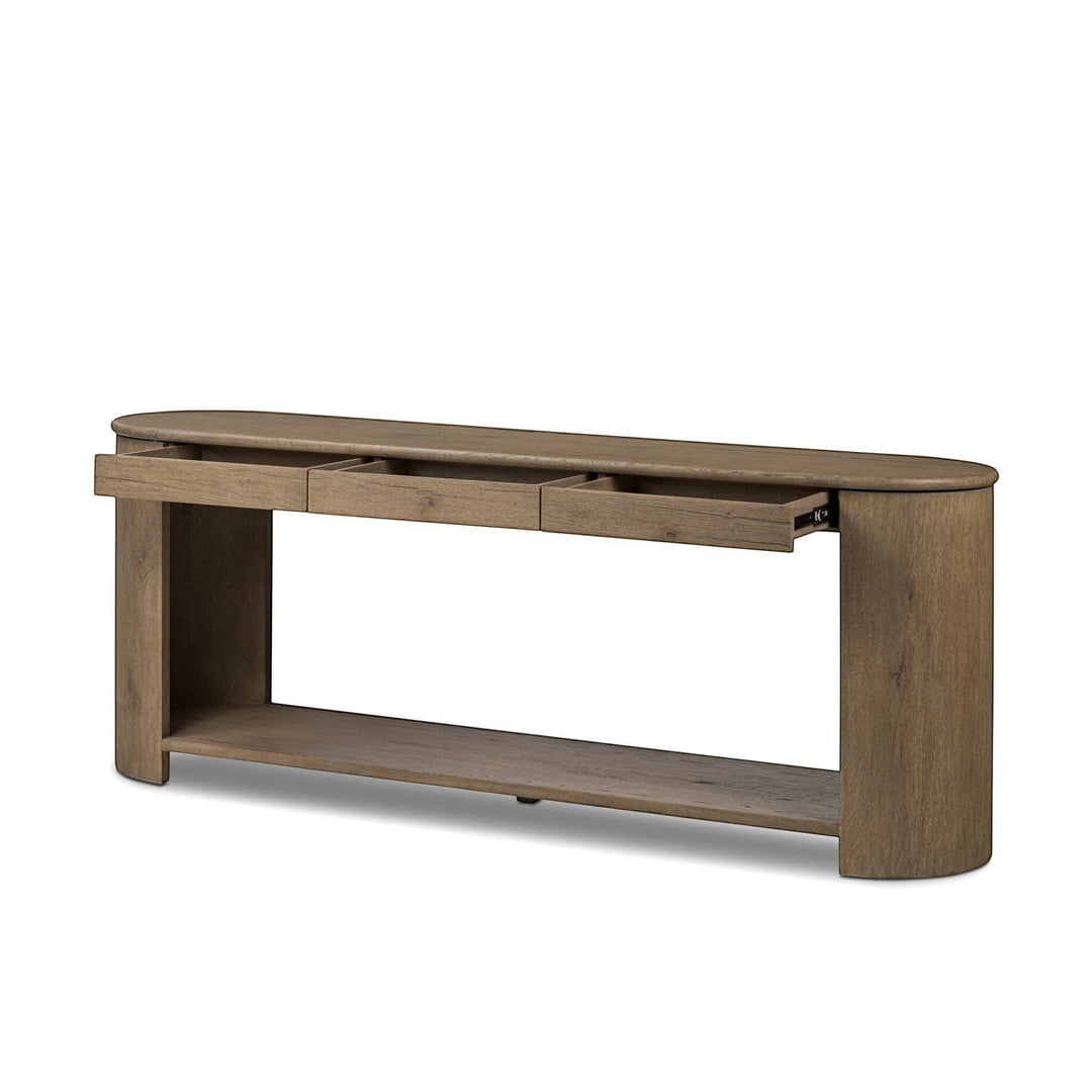 Console en bois de chêne clair Maison Olive avec étagère ouverte et 3 tiroirs, style bohème chic.