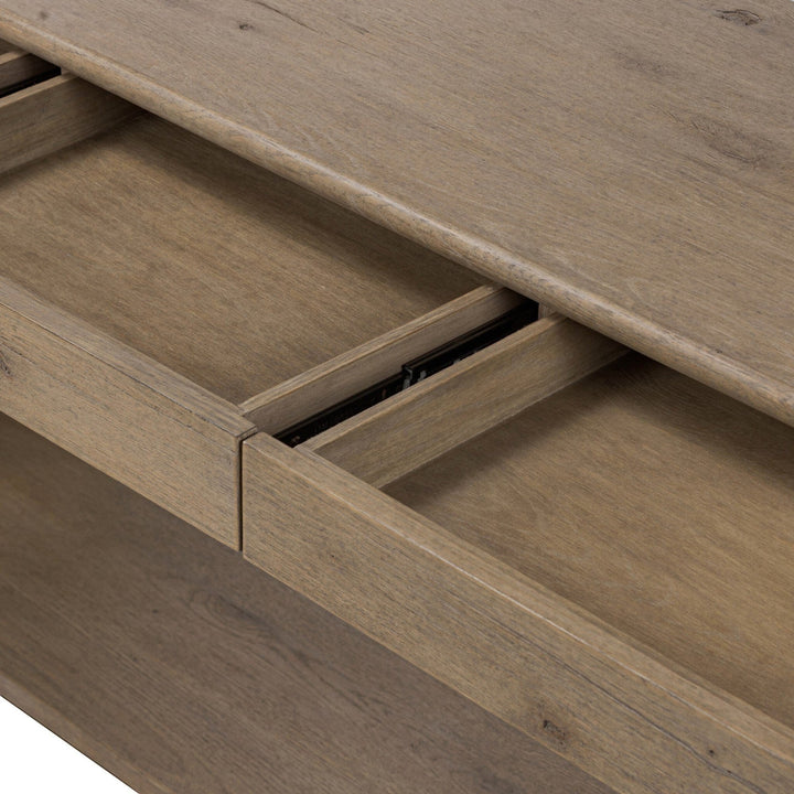 Console en bois de chêne clair Maison Olive avec tiroir et étagère ouverte, style bohème chic.