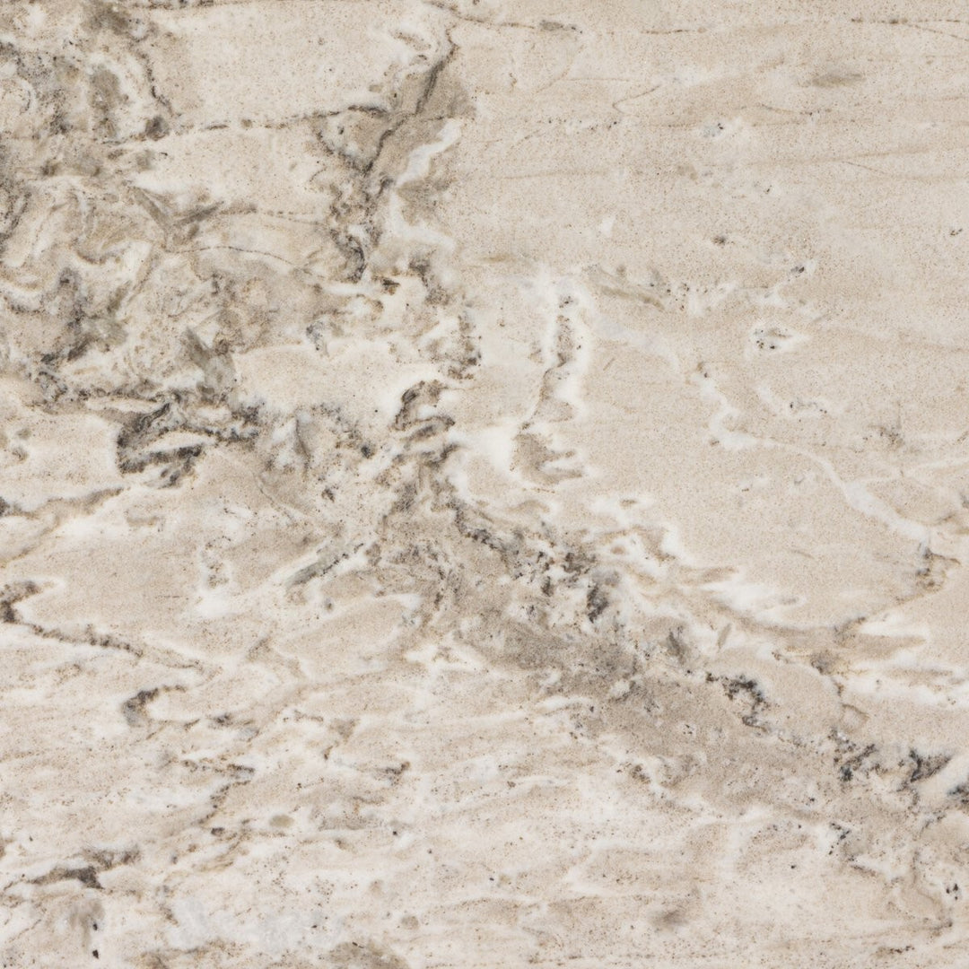 Console octogonale en marbre naturel beige et gris de Maison Olive, avec piètement robuste et surface texturée.