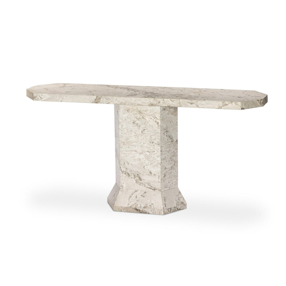Console octogonale en marbre beige clair avec piètement sculpté, par Maison Olive