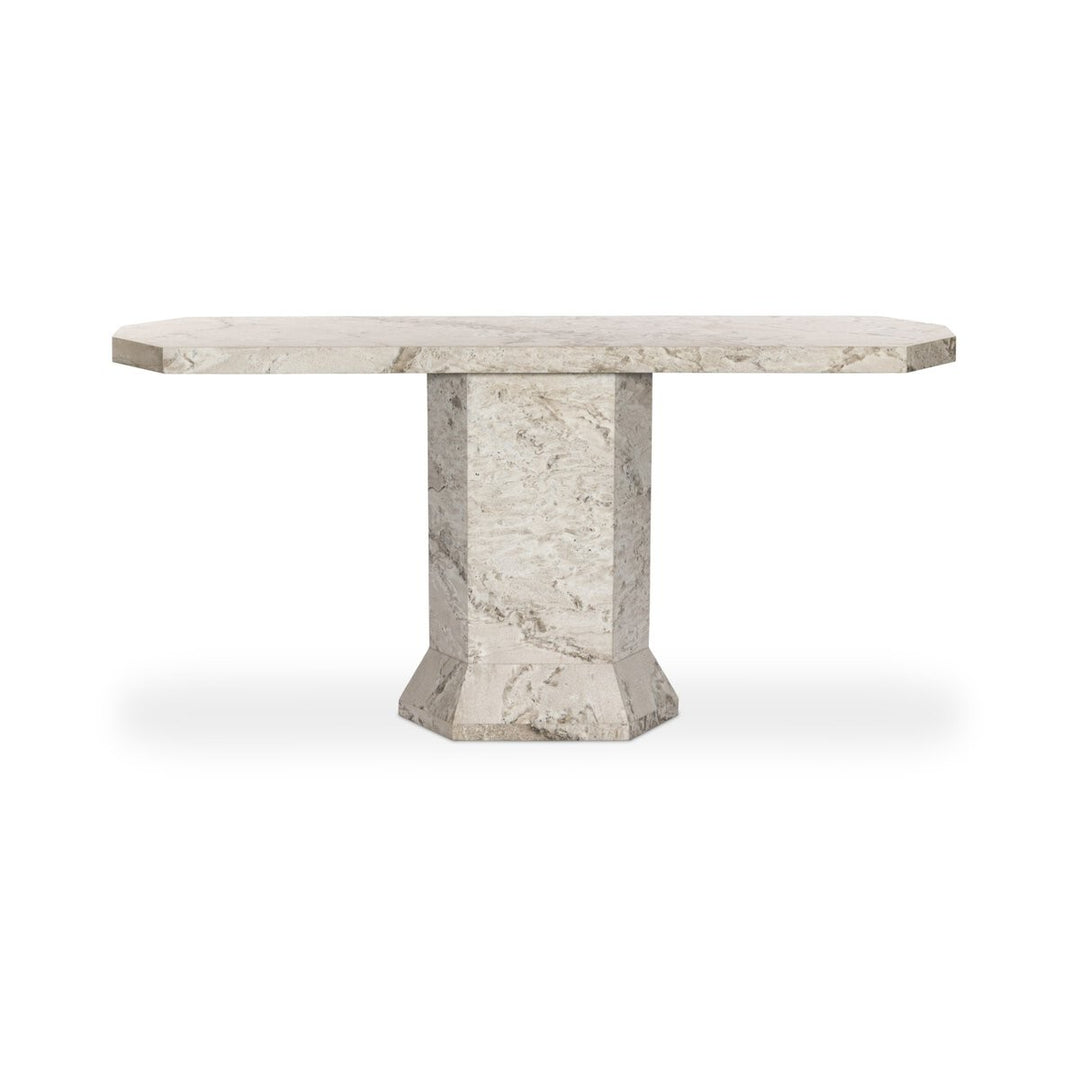 Console octogonale en marbre beige et blanc de Maison Olive, avec un piètement sculpté.