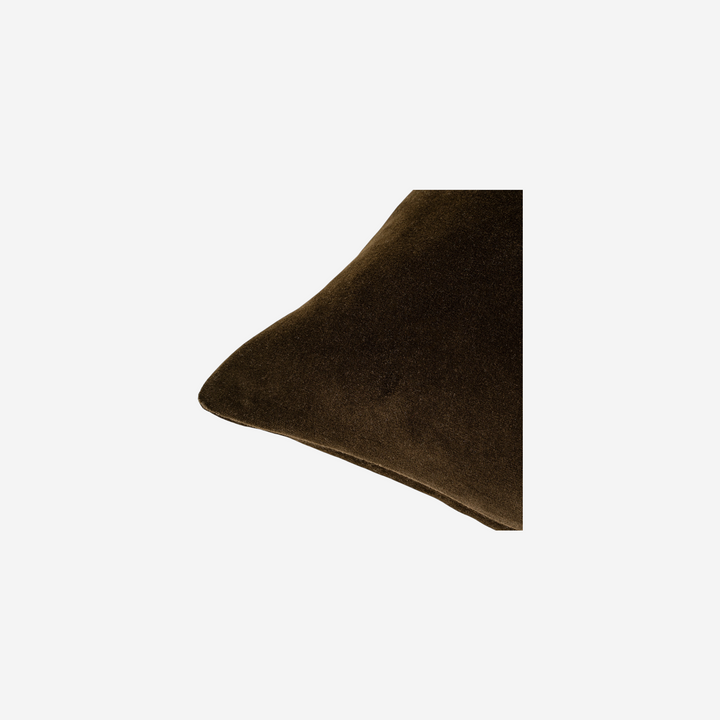 Gros plan sur un coussin rectangulaire Maison Olive en velours brun profond à la texture douce et soyeuse