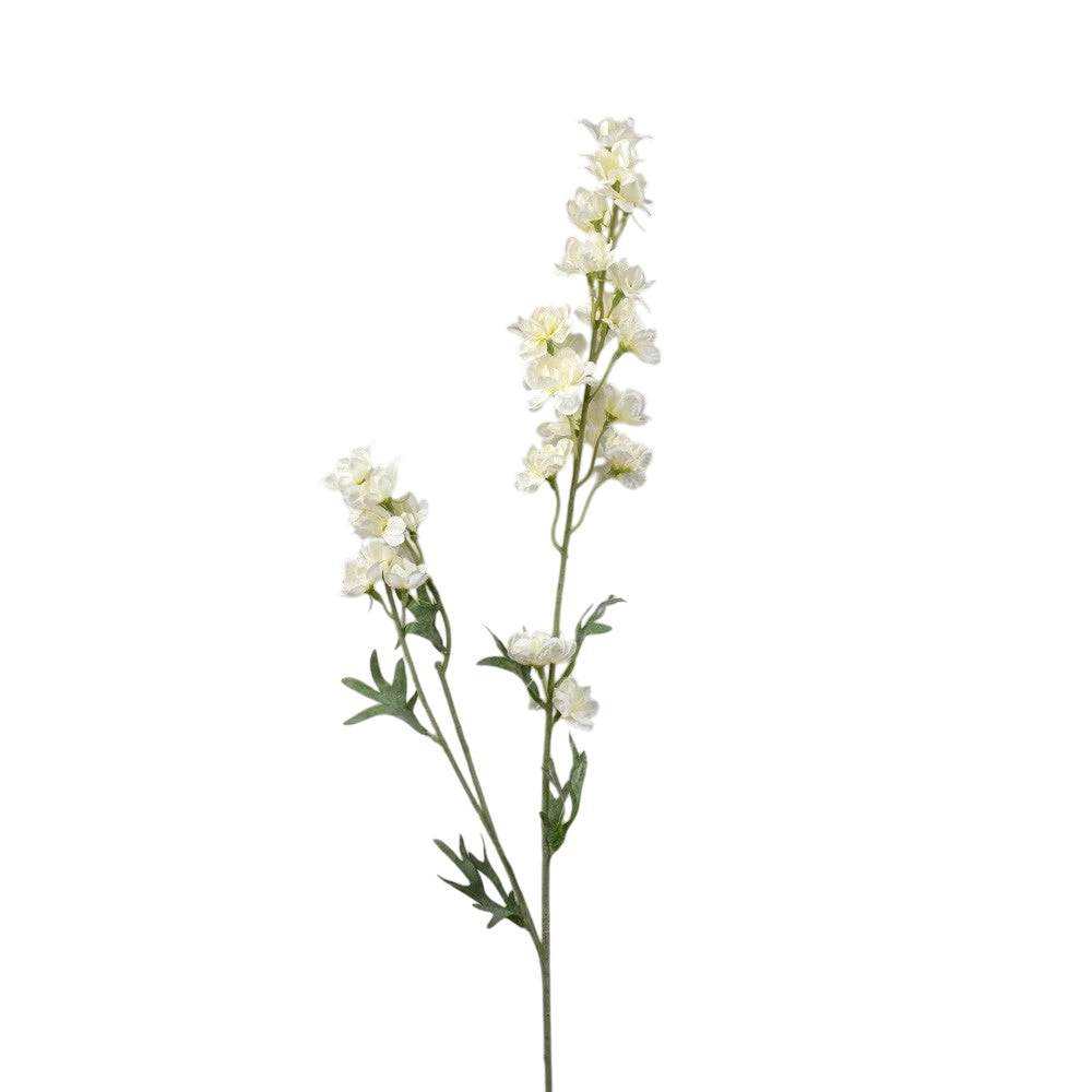 Maison Olive Fausse Branche de Delphinium Blanc avec de multiples petites fleurs et feuilles vertes.