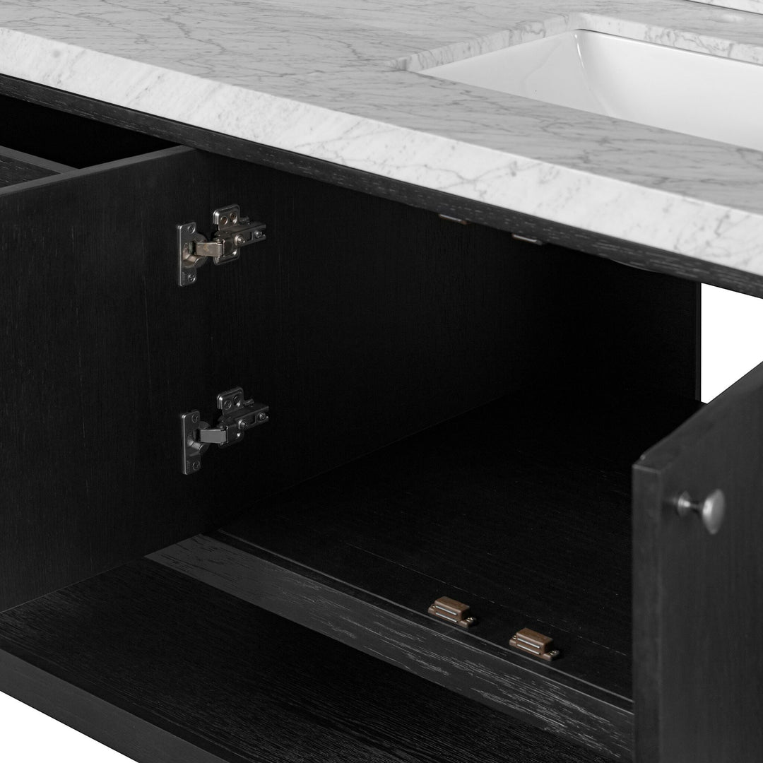 Maison Olive Vanité double en chêne noir avec dessus en marbre blanc et évier intégré. Portes ouvertes révélant des charnières.