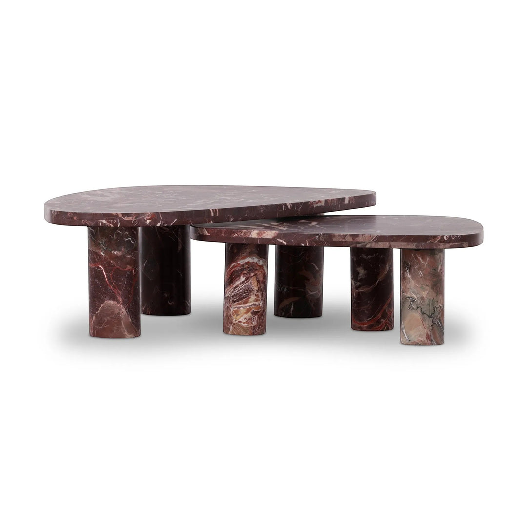 Ensemble de tables basses gigognes ZION en marbre bordeaux et blanc de Maison Olive, design contemporain.