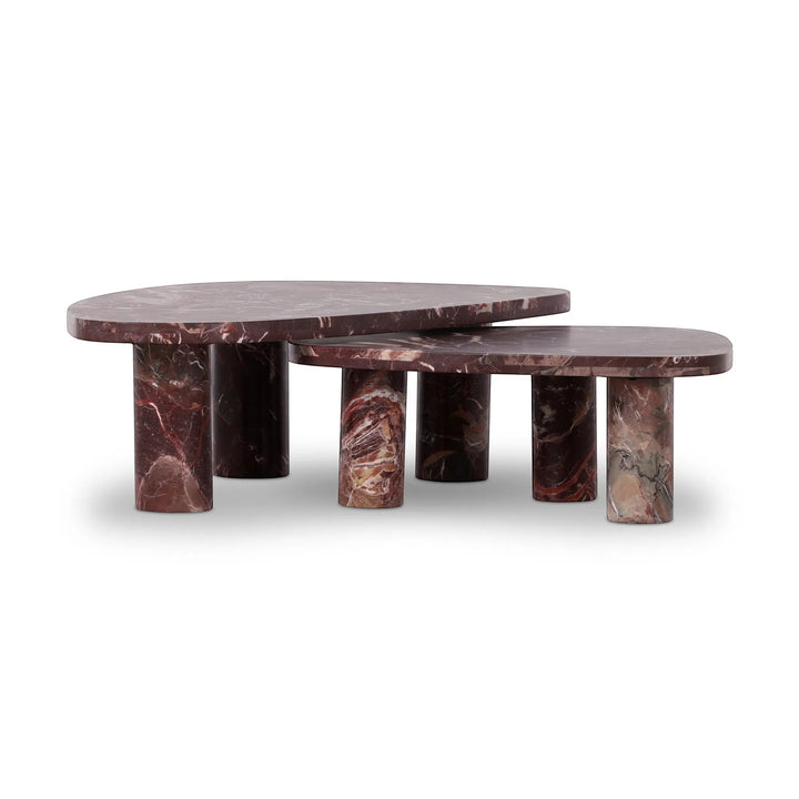 Ensemble de tables basses gigognes ZION en marbre bordeaux et blanc de Maison Olive, design contemporain.