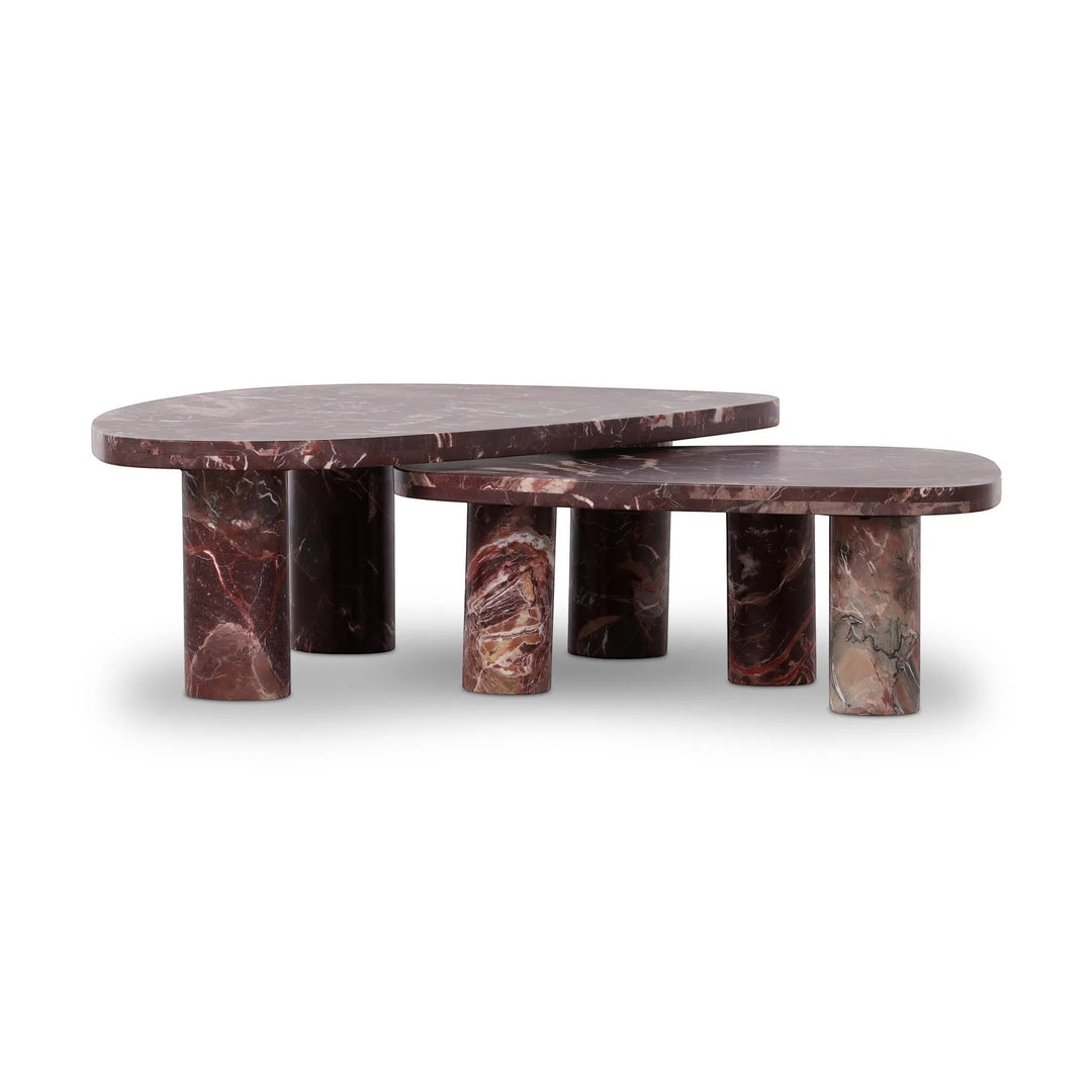 Ensemble de tables basses gigognes ZION en marbre bordeaux et blanc de Maison Olive, design contemporain.