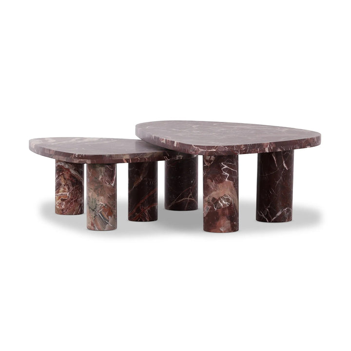 Maison Olive ZION ensemble de tables basses gigognes en marbre bordeaux avec pieds cylindriques