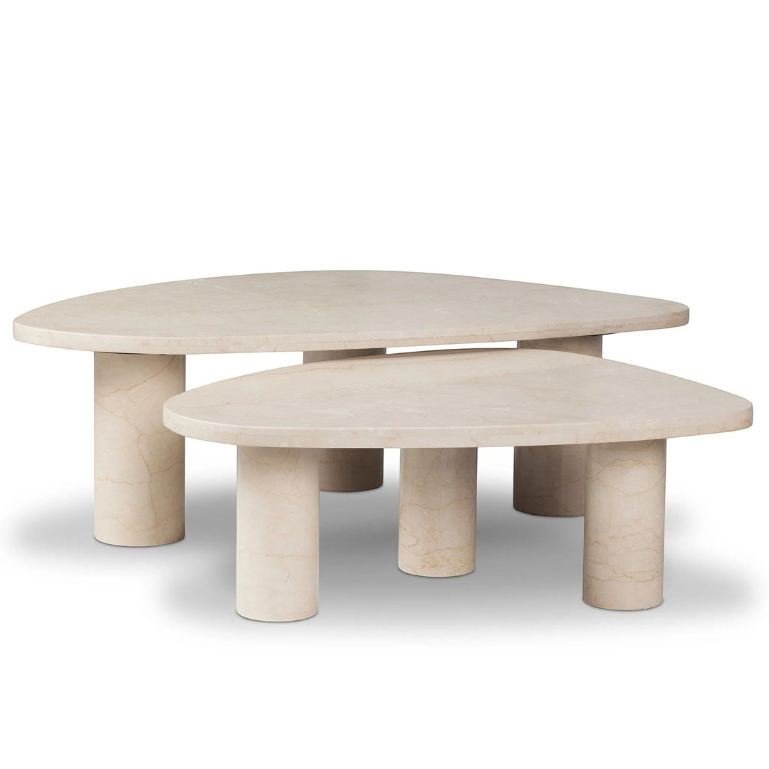 Ensemble de 2 tables basses gigognes ZION en marbre crème, style contemporain, par Maison Olive.