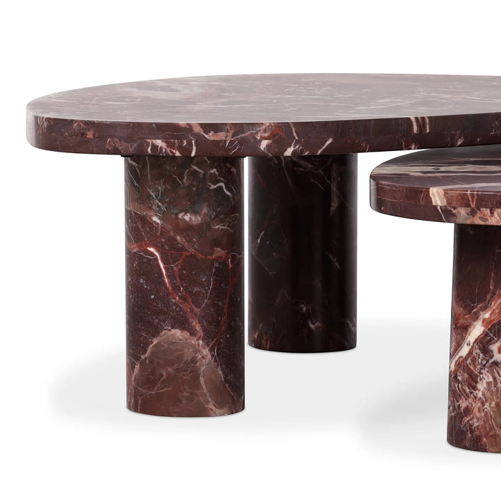 Ensemble de tables basses gigognes ZION en marbre rouge et blanc, design moderne par Maison Olive.