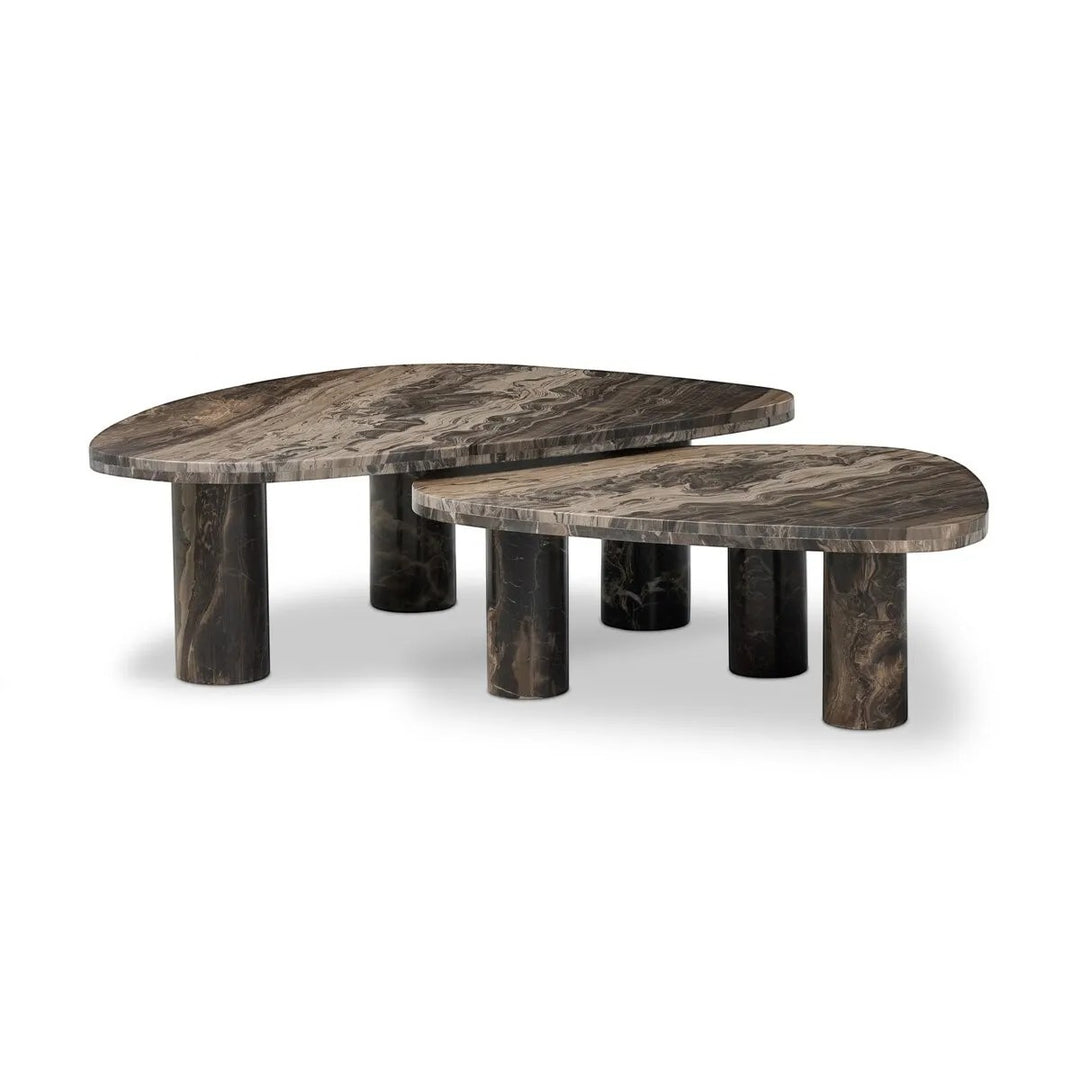 Ensemble de tables basses gigognes ZION en marbre veiné brun et noir, style contemporain, par Maison Olive.