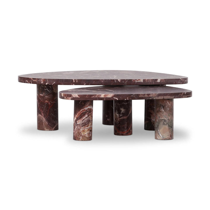 Ensemble de tables basses gigognes ZION en marbre bordeaux et blanc de Maison Olive, design contemporain.