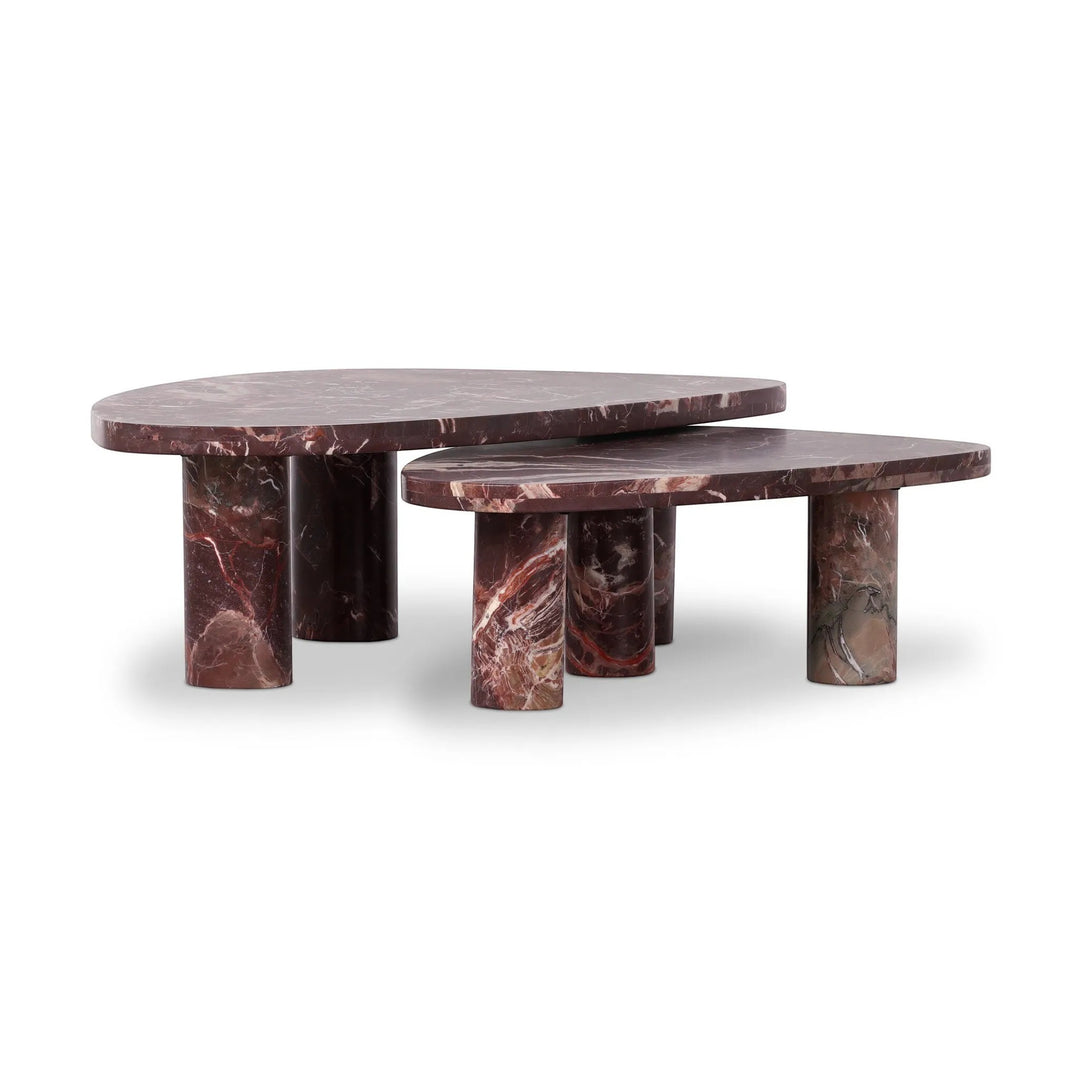 Ensemble de tables basses gigognes ZION en marbre rouge bordeaux veiné de blanc par Maison Olive. Design contemporain.