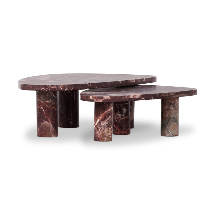 Ensemble de tables basses gigognes ZION en marbre rouge bordeaux veiné de blanc par Maison Olive. Design contemporain.