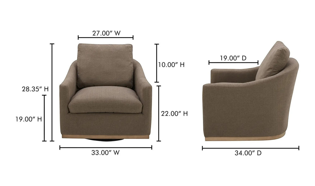Fauteuil pivotant Maison Olive en tissu taupe texturé avec base en bois clair, vue de face et de profil avec dimensions.