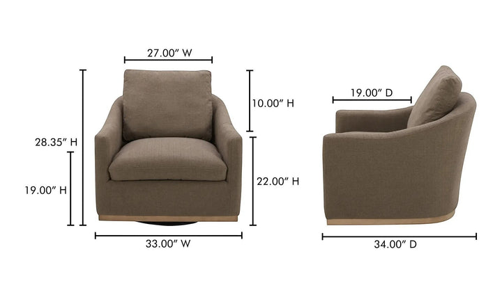 Fauteuil pivotant Maison Olive en tissu taupe texturé avec base en bois clair, vue de face et de profil avec dimensions.