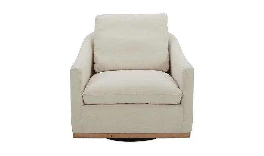 Fauteuil pivotant Maison Olive en tissu texturé taupe avec base en bois clair, design contemporain et épuré.