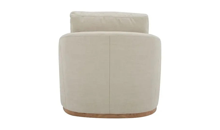 Fauteuil pivotant Maison Olive taupe en tissu texturé avec base ronde en bois clair, vue arrière