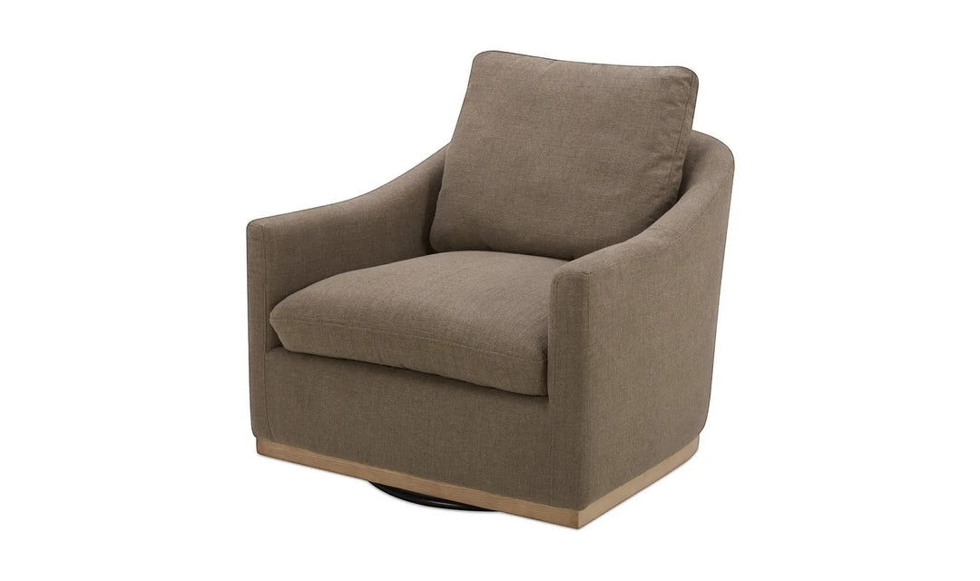 Fauteuil pivotant Maison Olive taupe en tissu texturé avec base en bois clair au design contemporain et enveloppant
