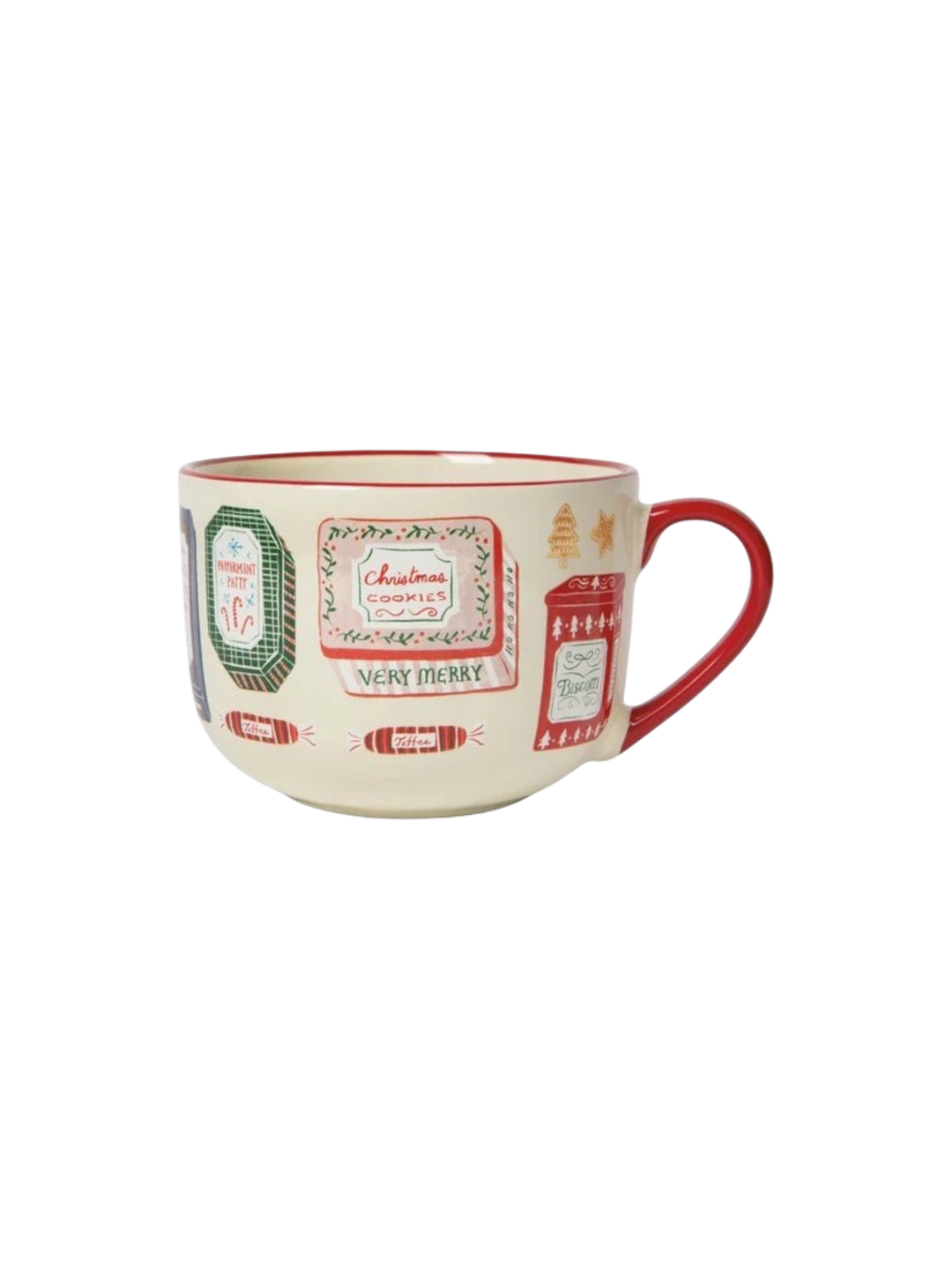 Grande tasse en céramique Maison Olive crème avec motifs de friandises de Noël vintage et anse rouge vif