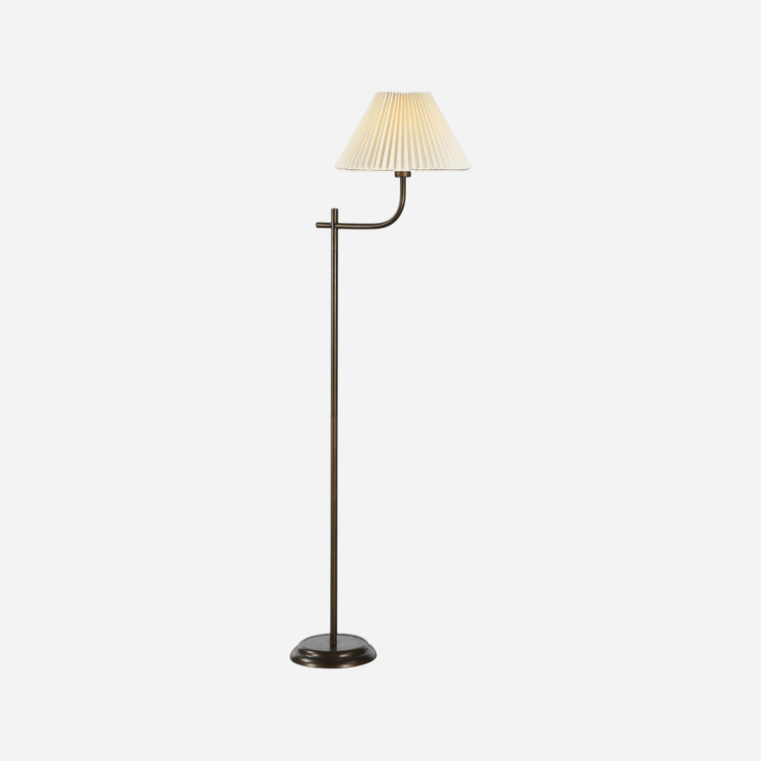Lampadaire Maison Olive Elysee en fer bronze antique avec abat-jour conique plissé en lin ivoire