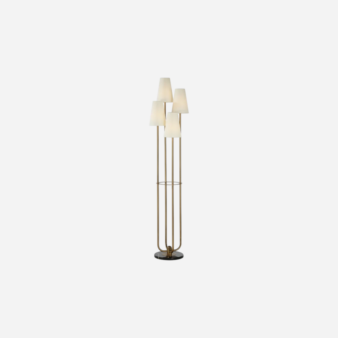 Lampadaire Maison Olive Quattuor en fer laiton vieilli avec quatre abat-jour en lin ivoire et base en marbre noir
