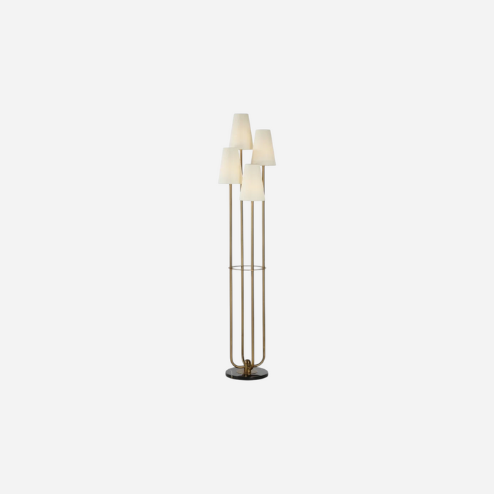 Lampadaire Maison Olive Quattuor en fer laiton vieilli avec quatre abat-jour en lin ivoire et base en marbre noir