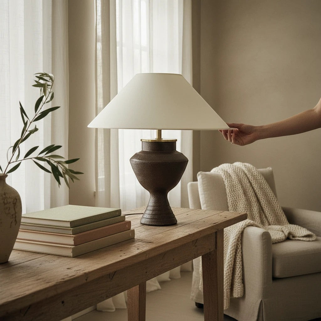 Lampe de table Maison Olive en céramique sombre texturée avec abat-jour en tissu clair et détails en laiton doré.