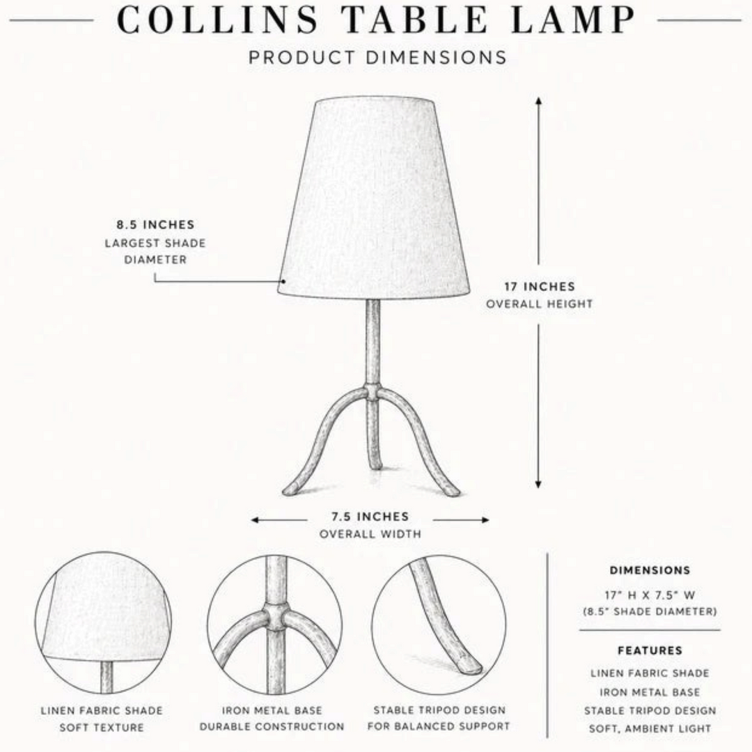 Schéma technique de la lampe de table Maison Olive Collins avec abat-jour en lin et base en fer forgé à trois pieds.