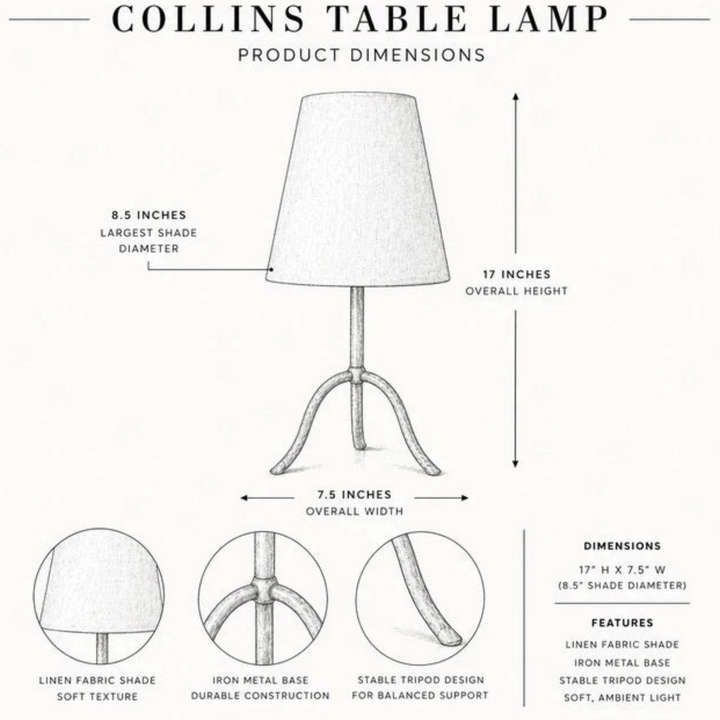 Schéma technique de la lampe de table Maison Olive Collins avec abat-jour en lin et base en fer forgé à trois pieds.