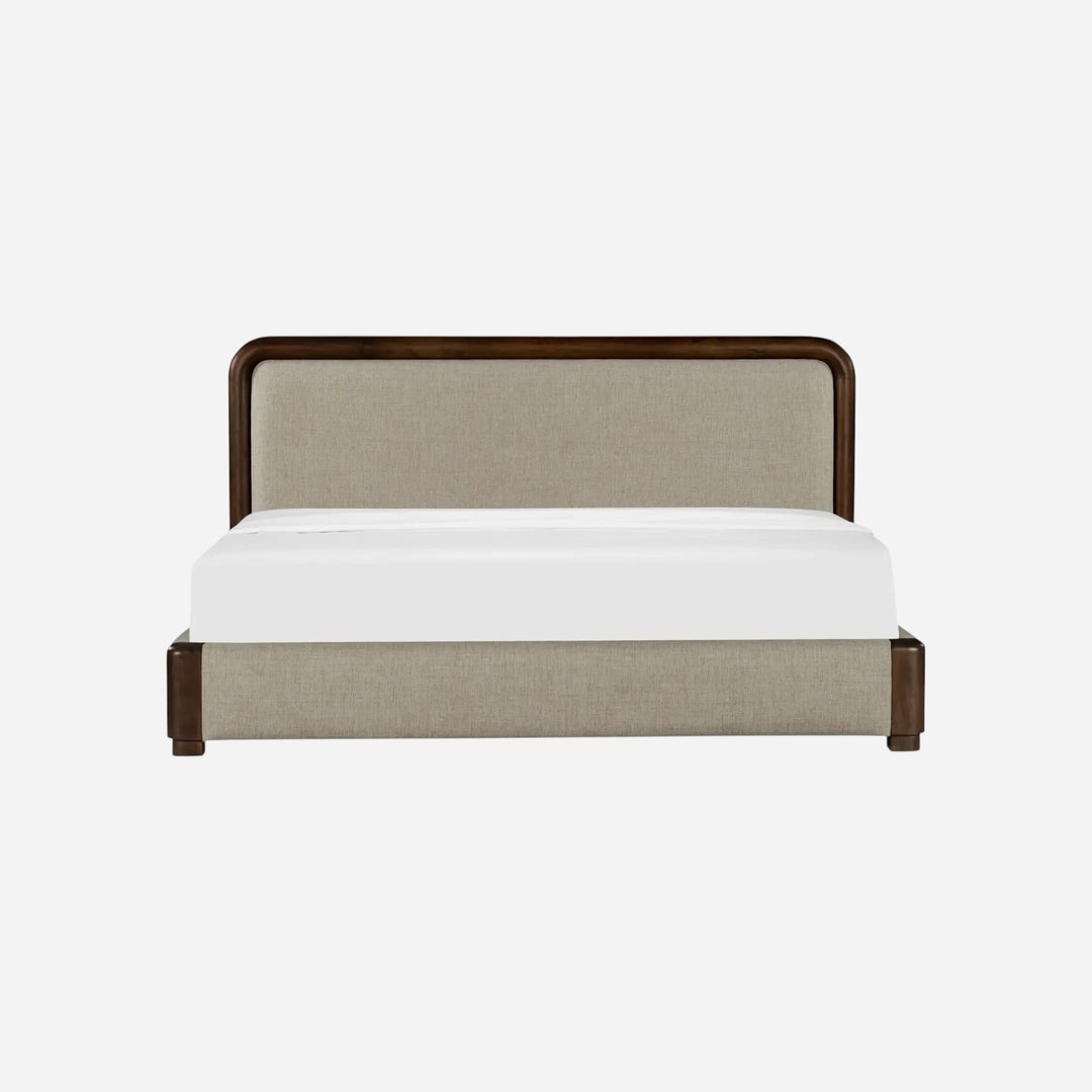 Lit Maison Olive avec cadre en bois massif sombre et tête de lit rembourrée en tissu beige au design contemporain