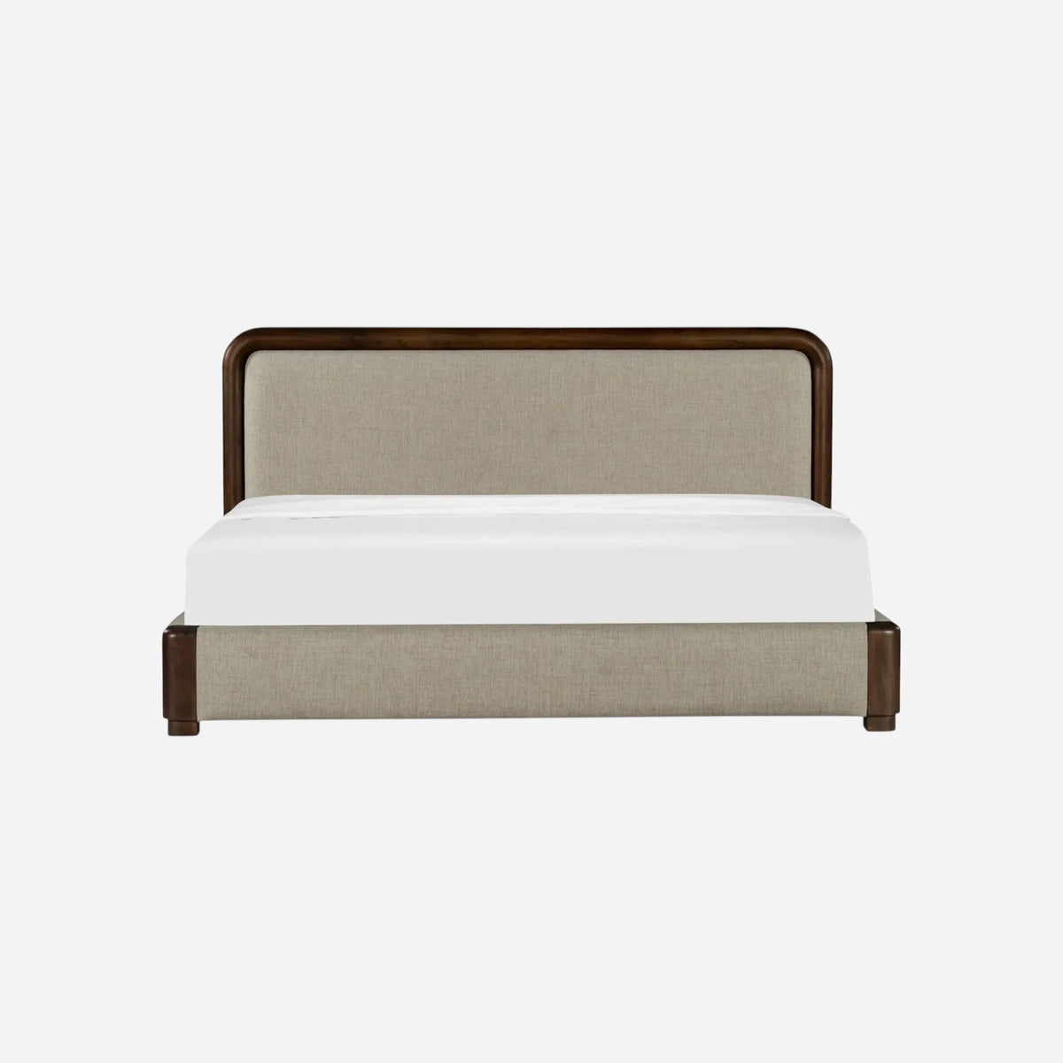 Lit Maison Olive avec cadre en bois massif sombre et tête de lit rembourrée en tissu beige au design contemporain