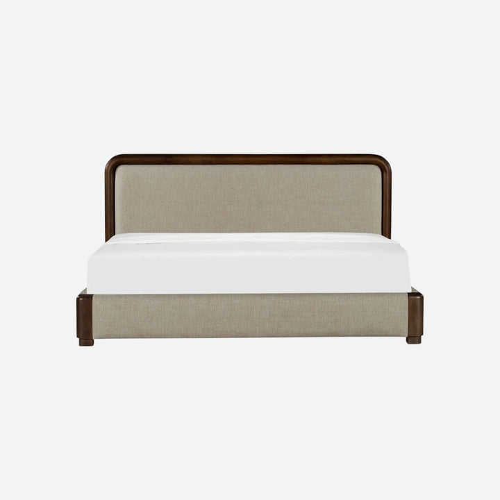 Lit Maison Olive avec cadre en bois massif sombre et tête de lit rembourrée en tissu beige au design contemporain