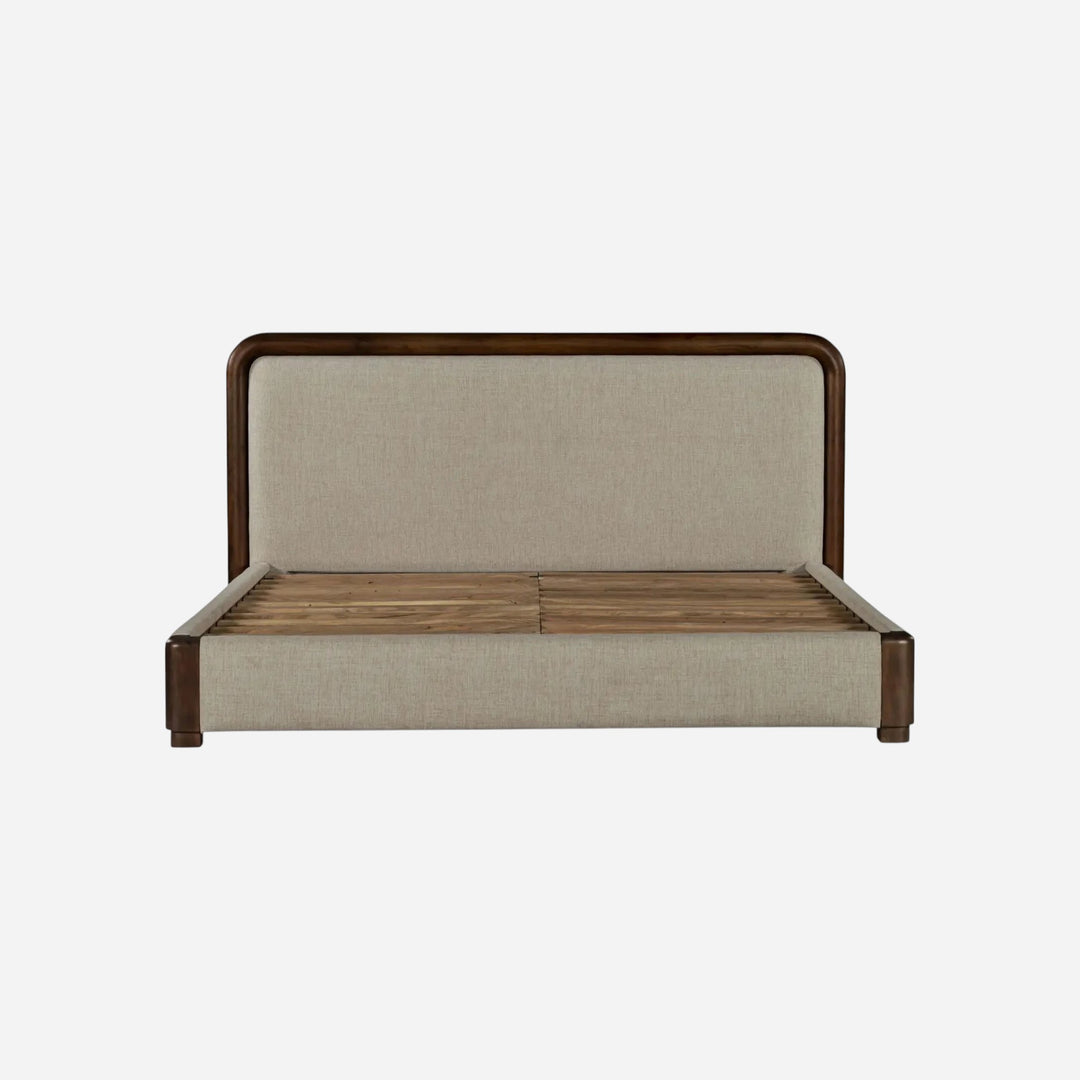 Lit Maison Olive avec tête de lit rembourrée beige et cadre en bois massif sombre, design contemporain aux lignes courbes