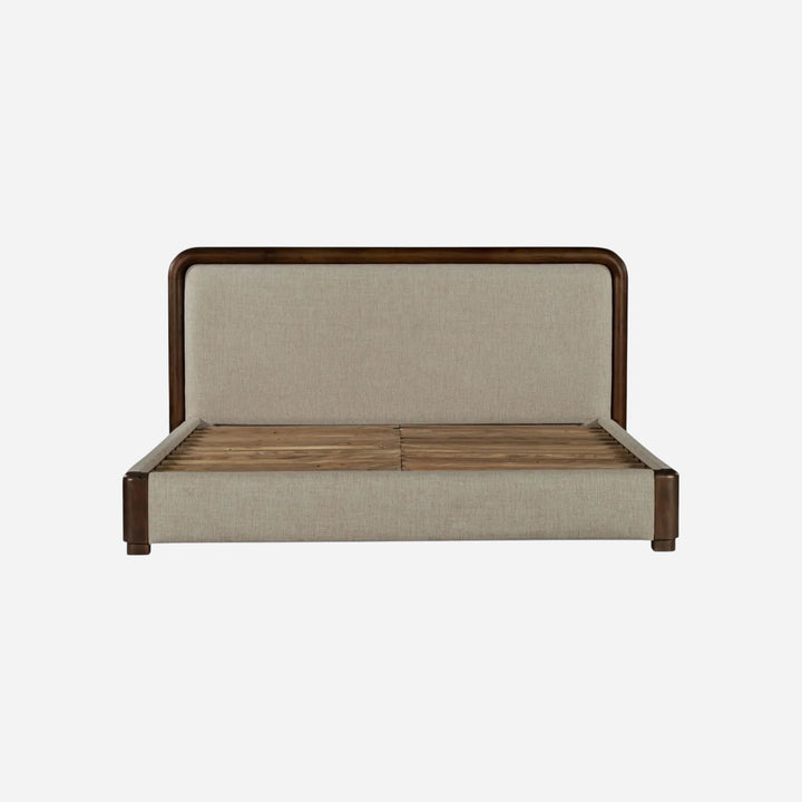 Lit Maison Olive avec tête de lit rembourrée beige et cadre en bois massif sombre, design contemporain aux lignes courbes