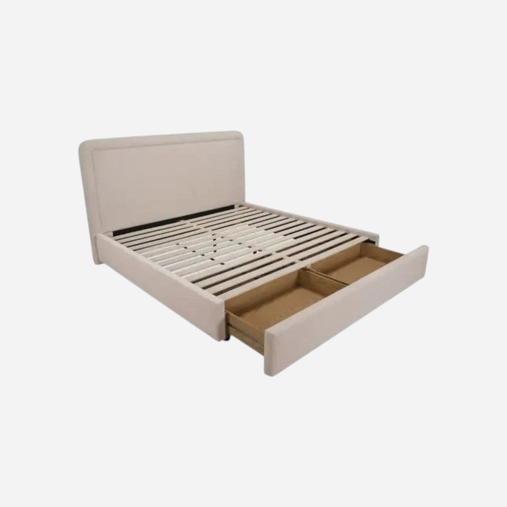 Lit coffre Maison Olive en tissu beige avec tête de lit arrondie et tiroirs de rangement intégrés sous le sommier