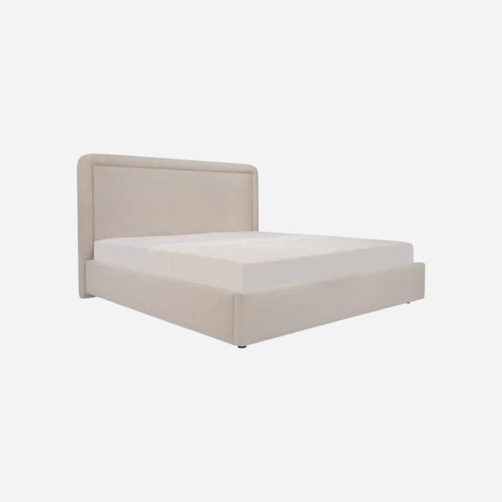 Lit coffre Maison Olive en tissu beige avec tête de lit arrondie et design contemporain minimaliste
