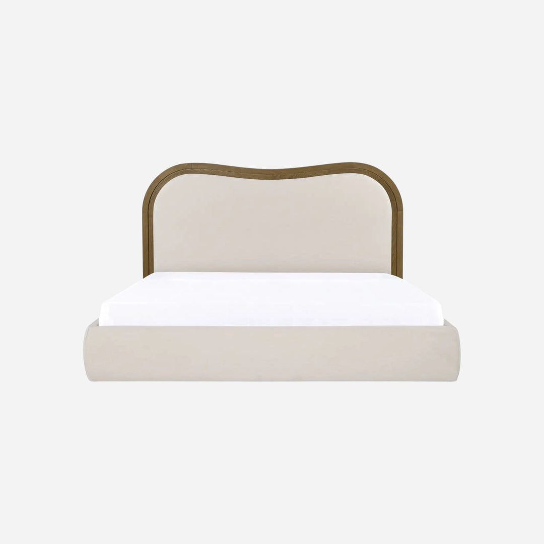 Lit Maison Olive EMMA avec tête de lit ondulée en tissu beige et cadre en bois de frêne brun au design Art déco