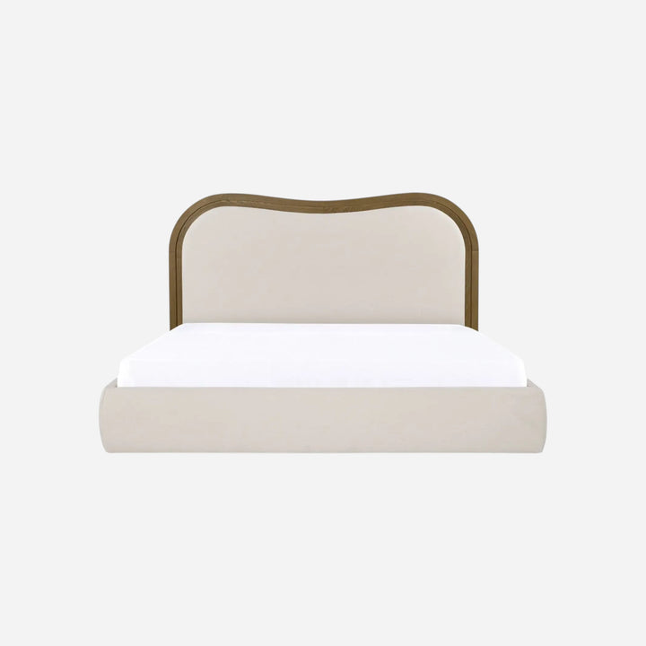 Lit Maison Olive EMMA avec tête de lit ondulée en tissu beige et cadre en bois de frêne brun au design Art déco